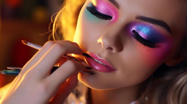 young woman applying multi colored eyeshadow indoors free photo